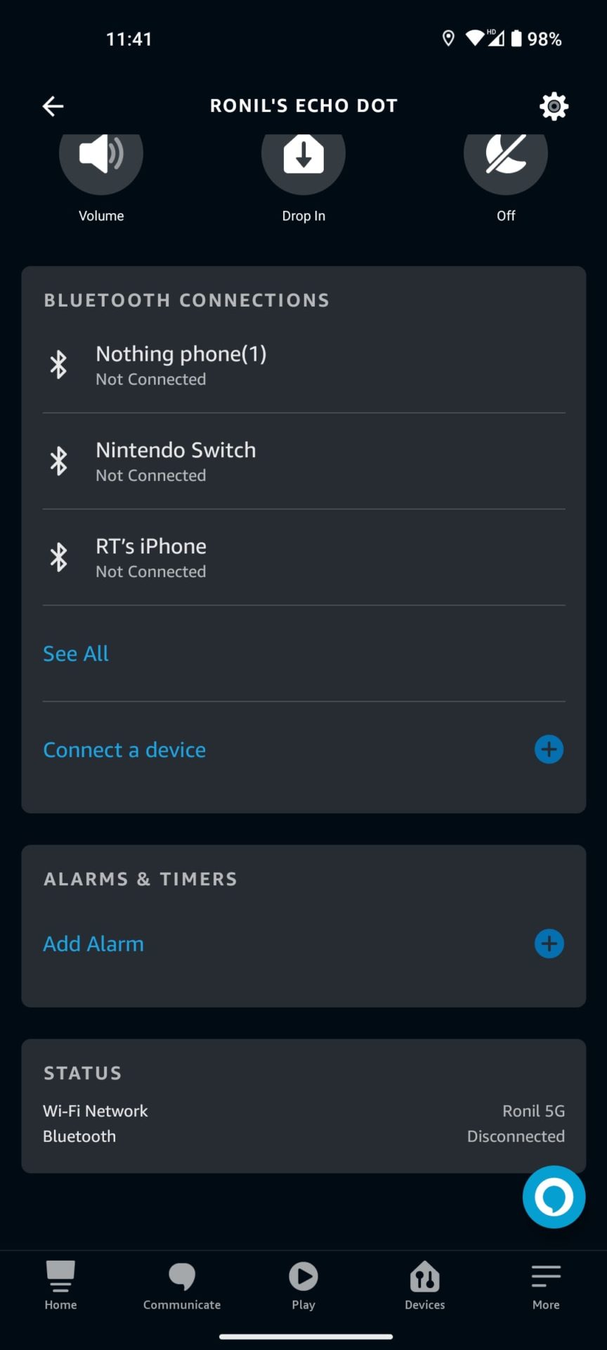 Alexa app Echo settings Status