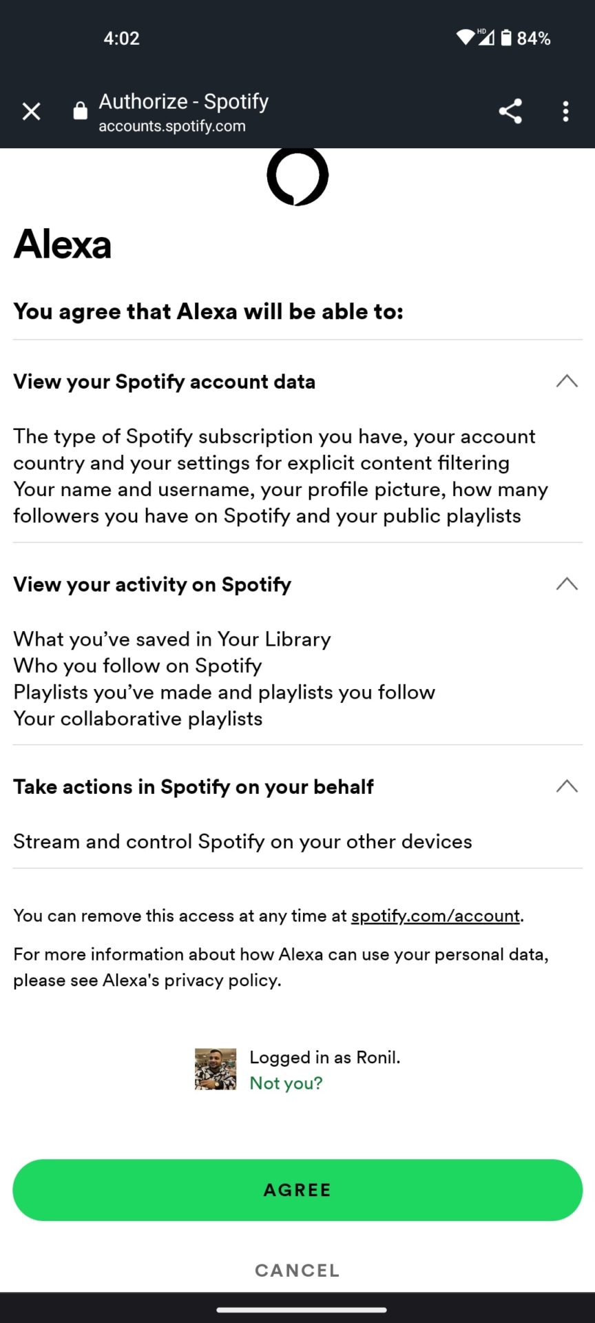 Alexa app Spotify Allow button