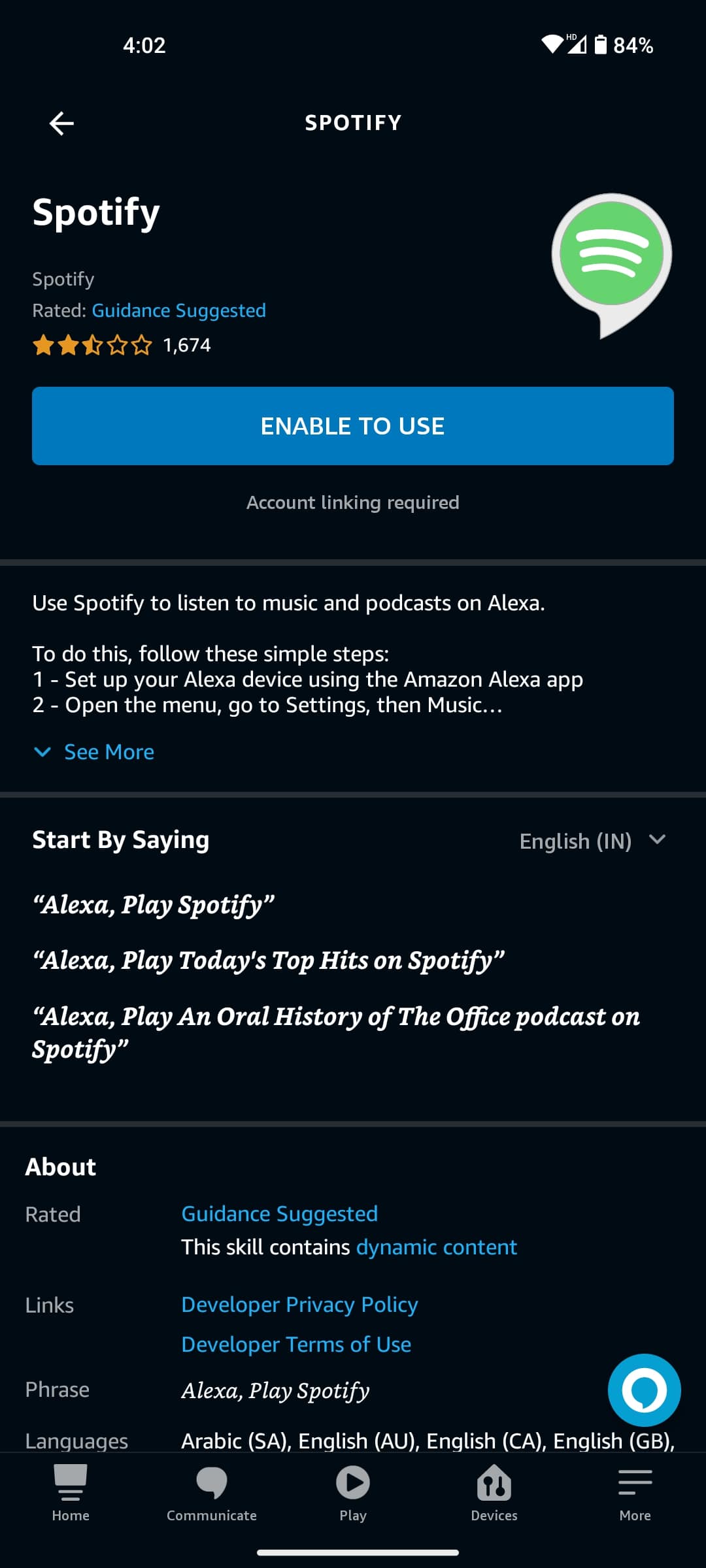 Alexa app Spotify Enable To Use button