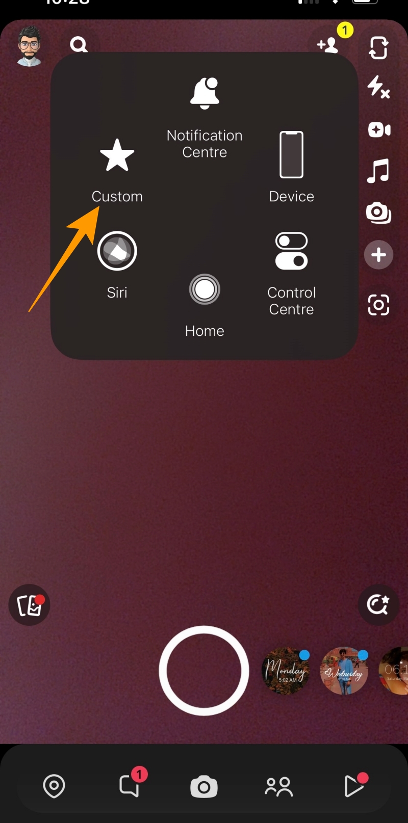 Assistive touch options on Snapchat camera