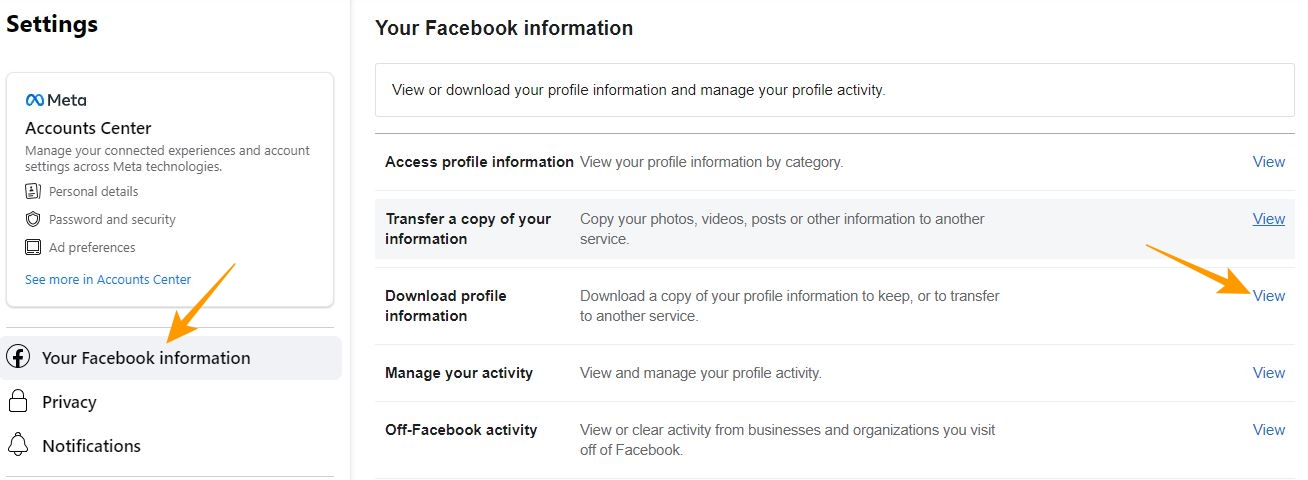 Download profile information under your Facebook Information section