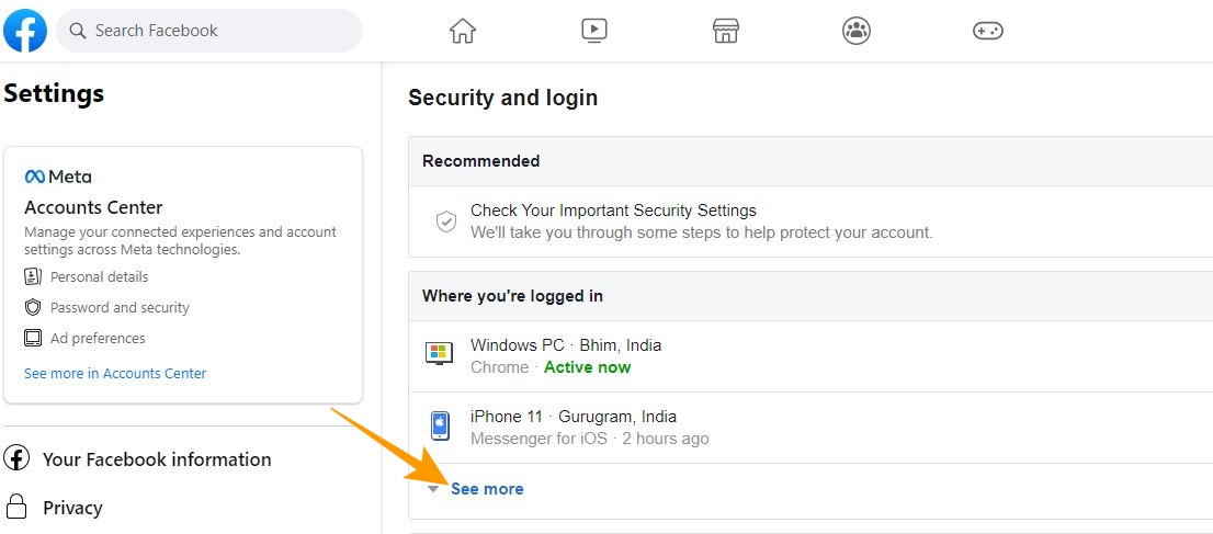 Facebook Settings page