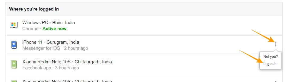 Logout option on Facebook website.