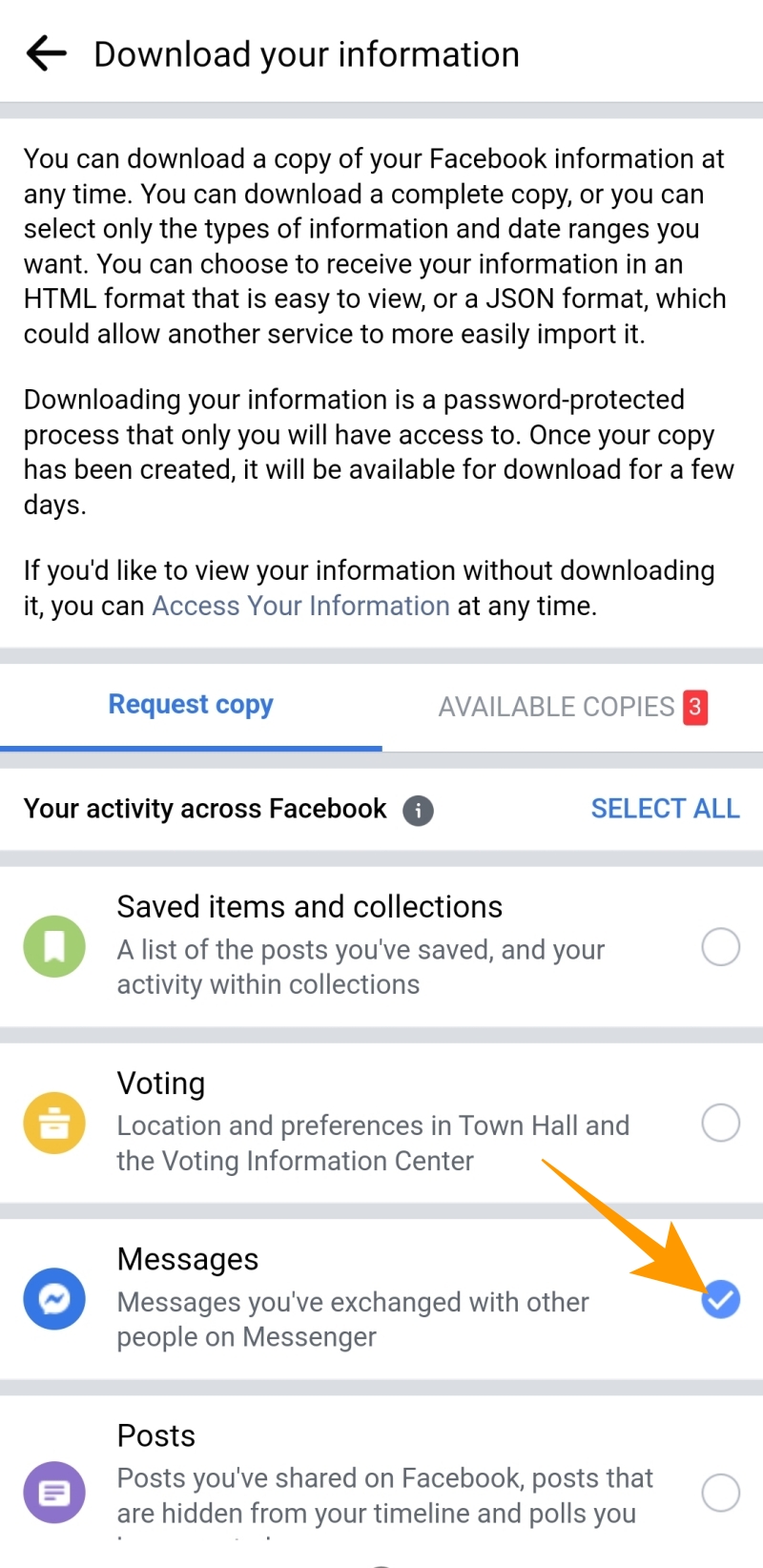 Request copy options under Download your information