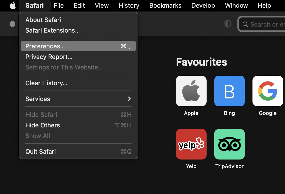 Safari Preferences Menu