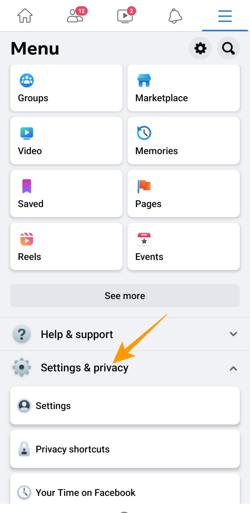 Settings and privacy option
