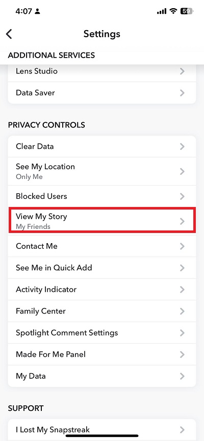 Snapchat Settings Menu