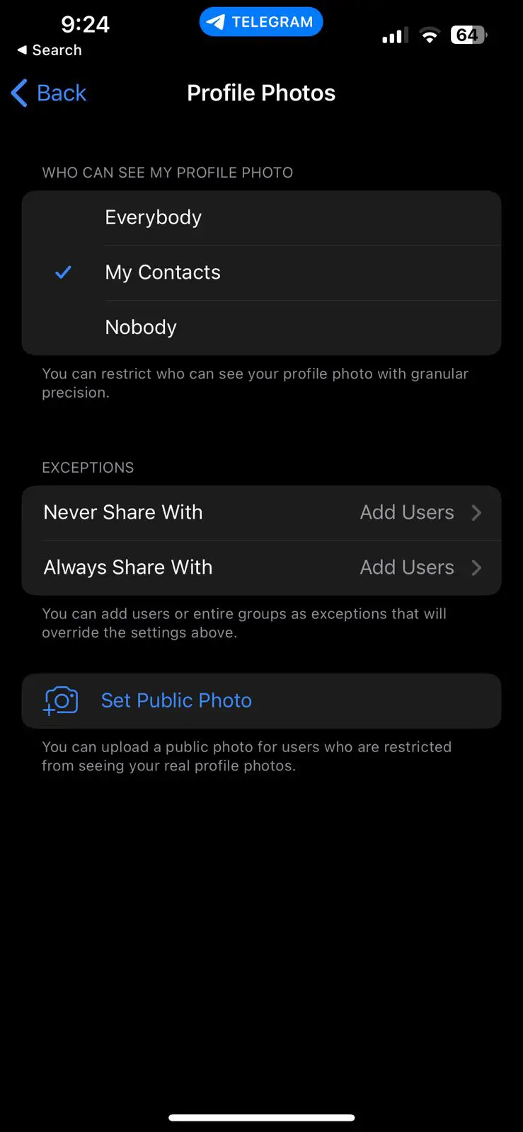 Telegram Profile Picture Settings