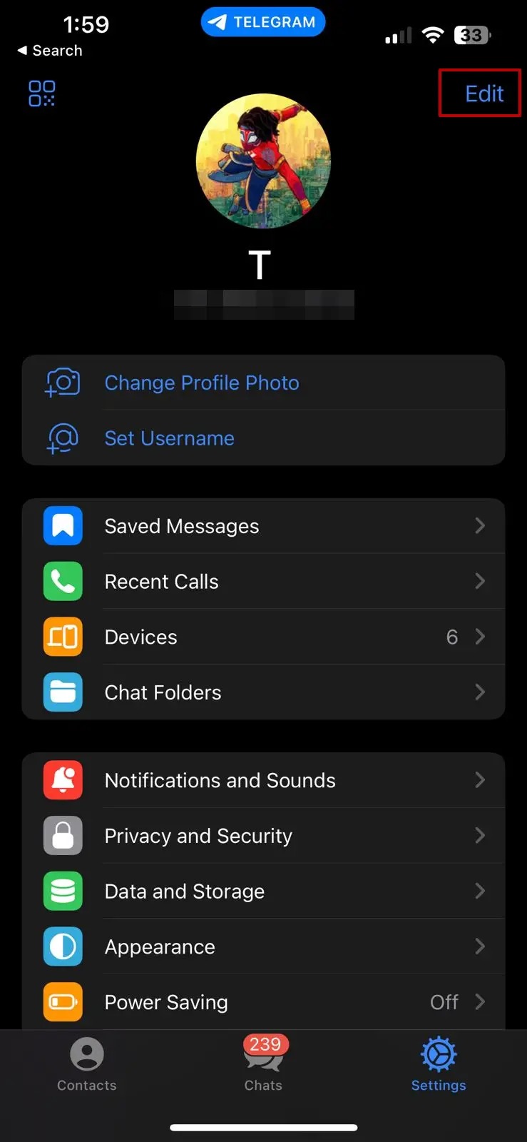 Telegram iOS DP Edit Option