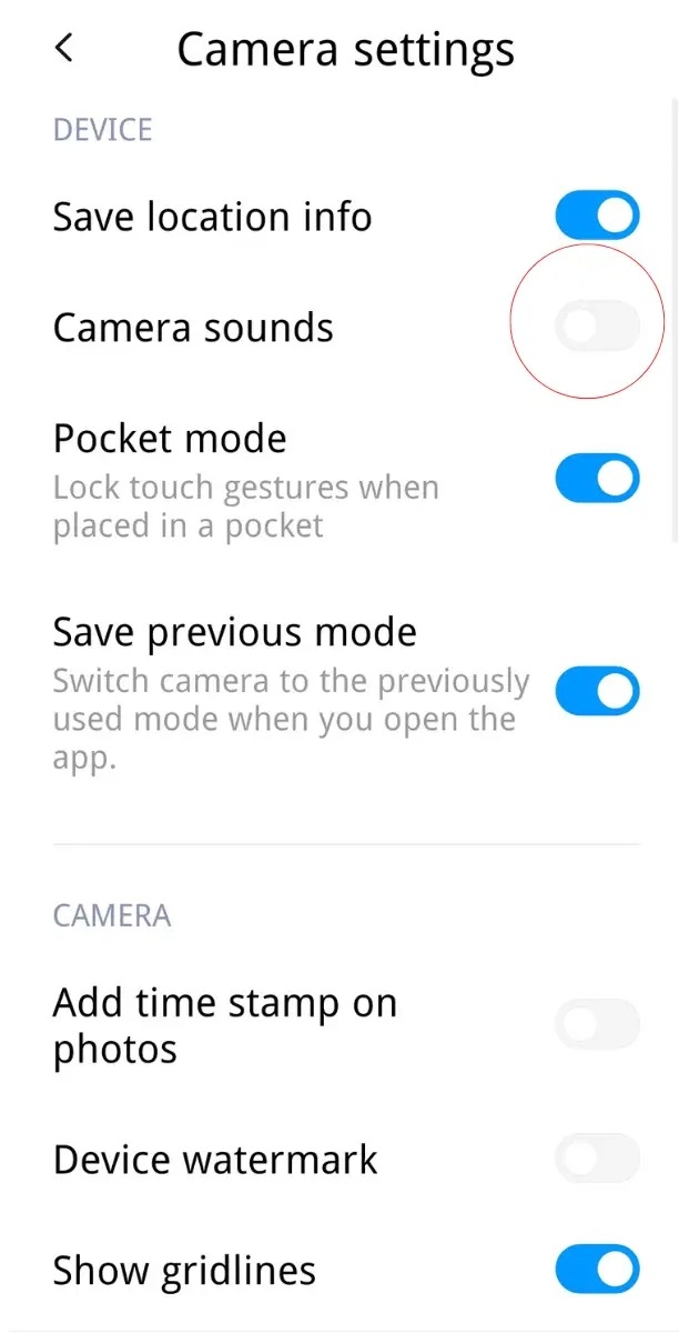 Turn off Camera Sound Settings