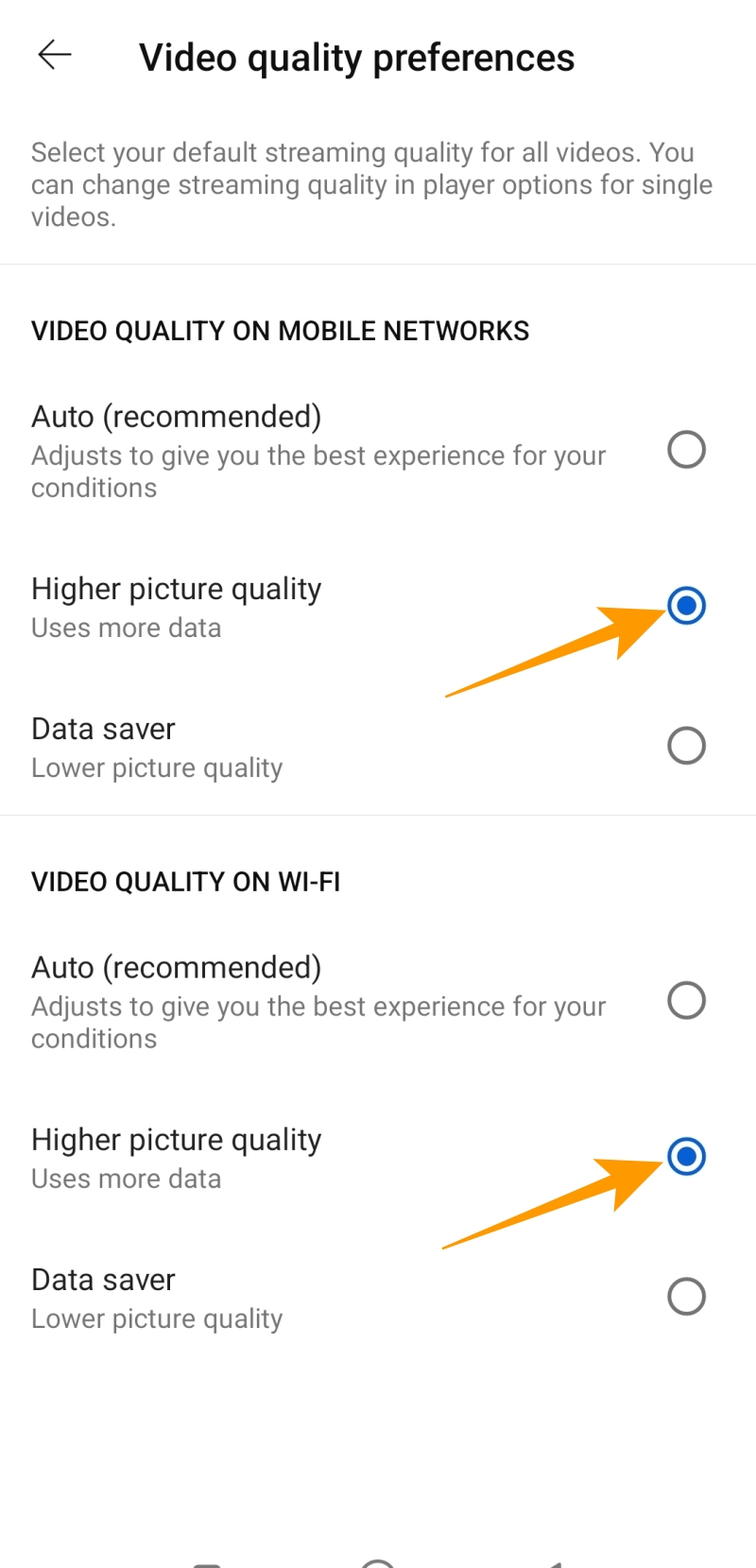 Video quality preference options