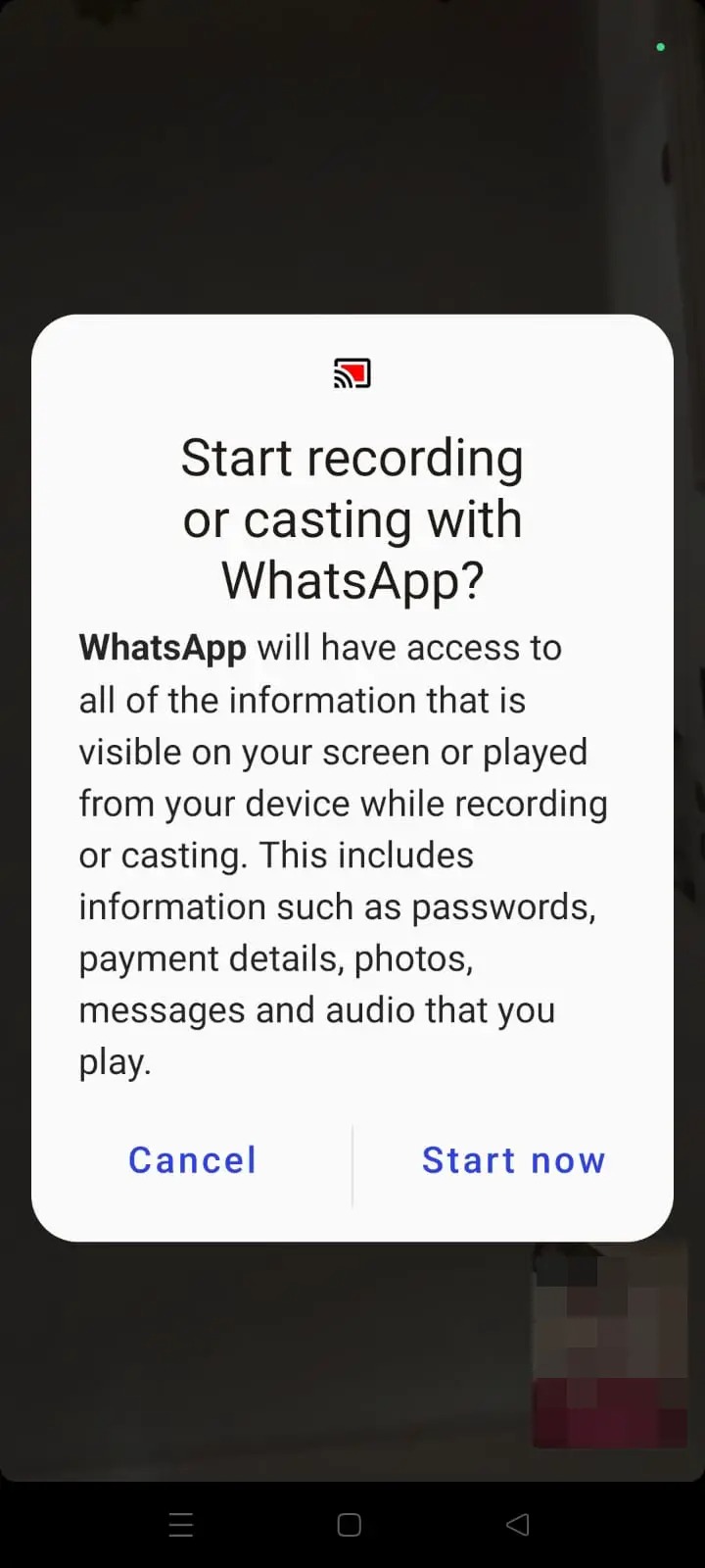 Whatsapp Screen Share Popup