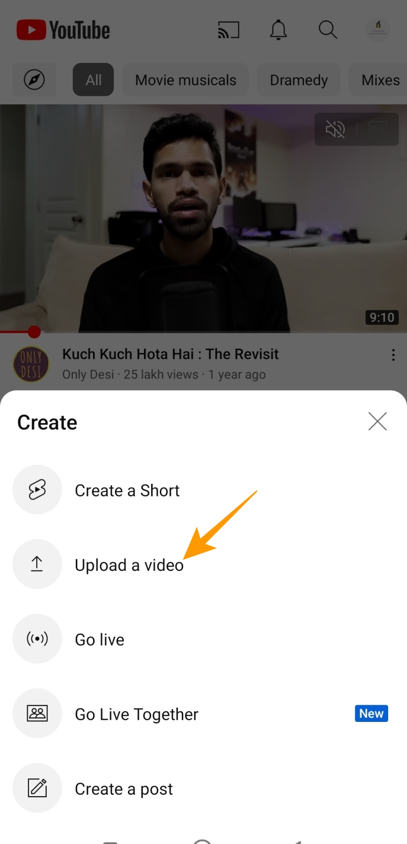 YouTube create menu