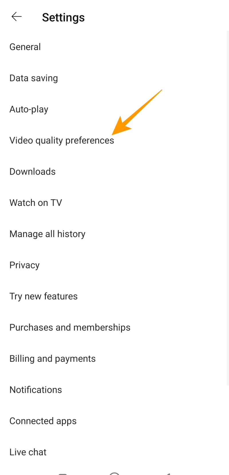 YouTube settings menu