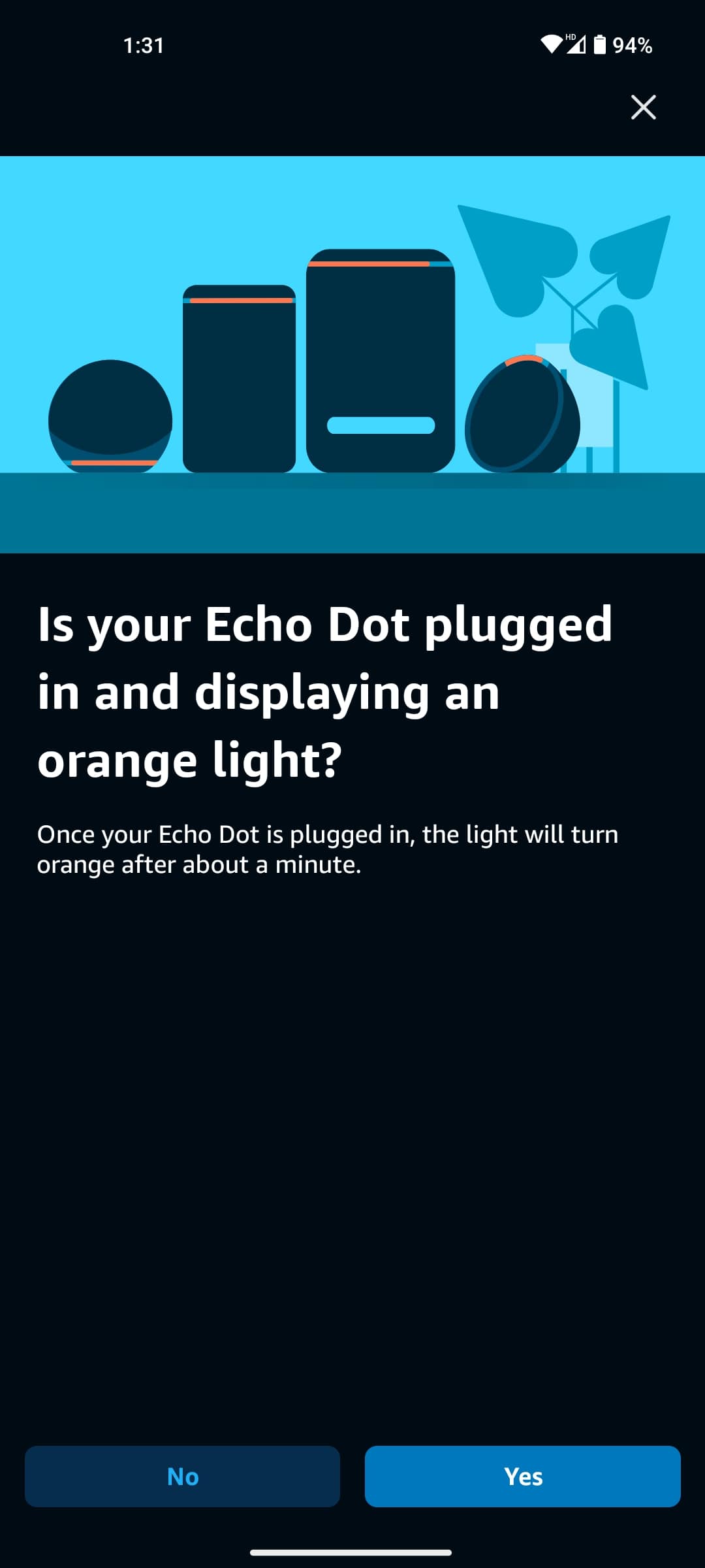 the Echo device is displaying an orange light. Tap Yes