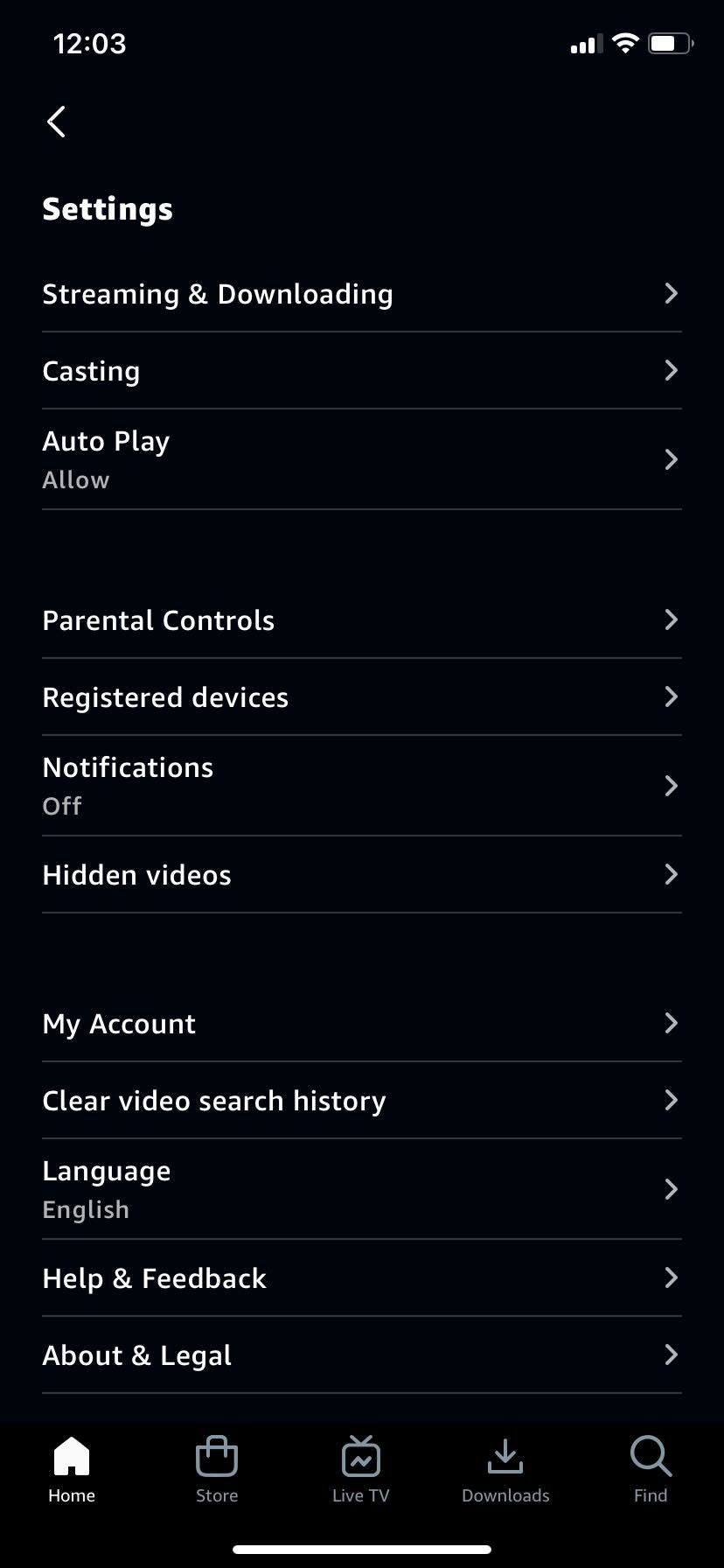 Amazon Prime Video app Registered devices option