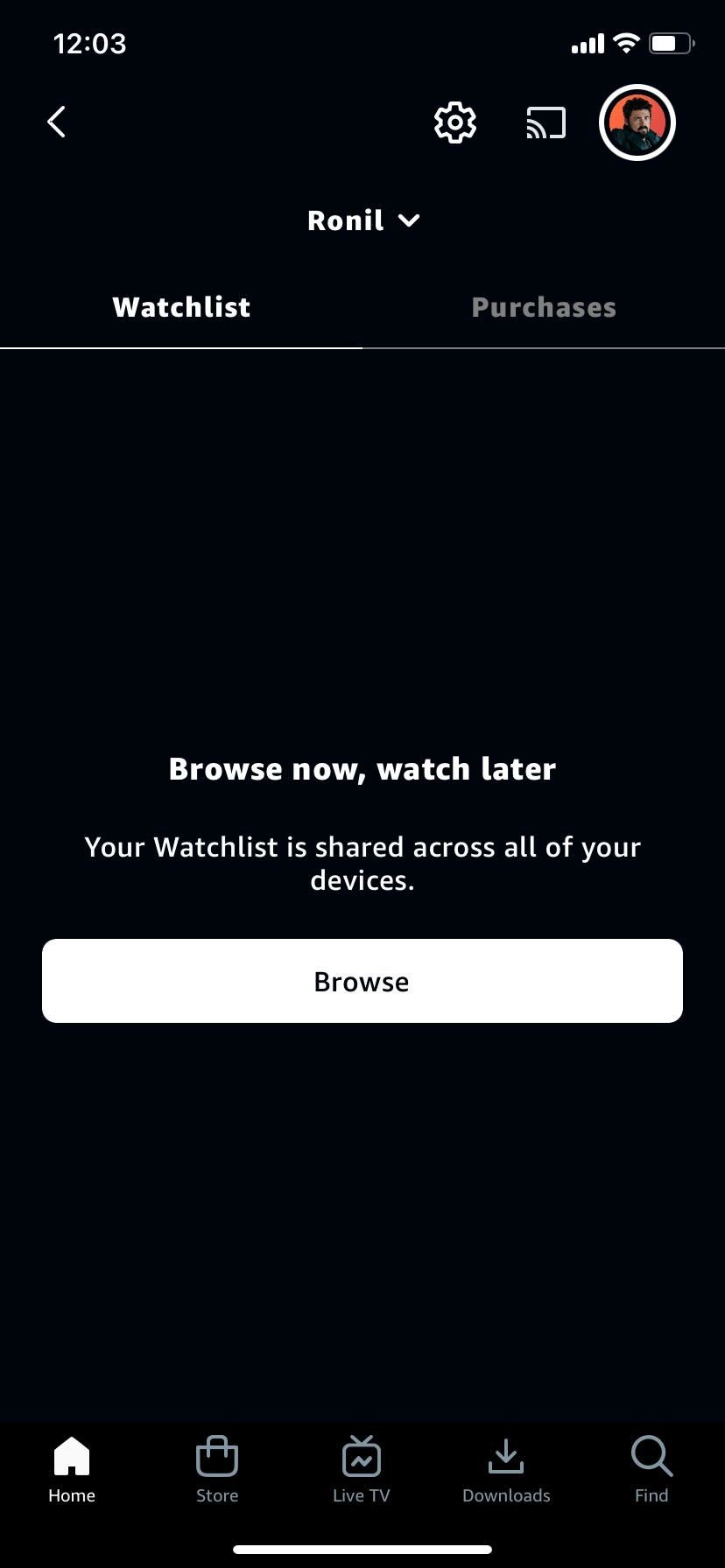 Amazon Prime Video app Settings option