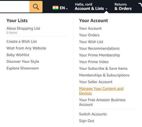 Amazon Web Manage Your Content and Devices option