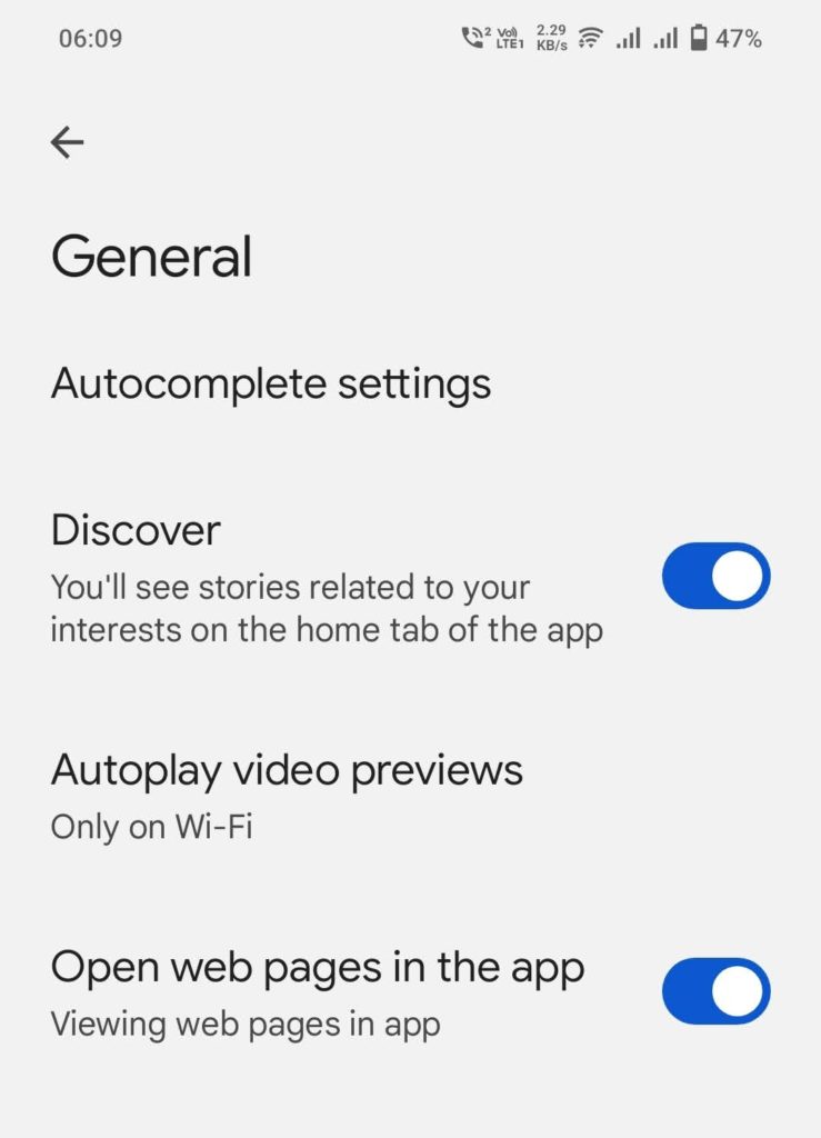 Autocomplete Settings Google App