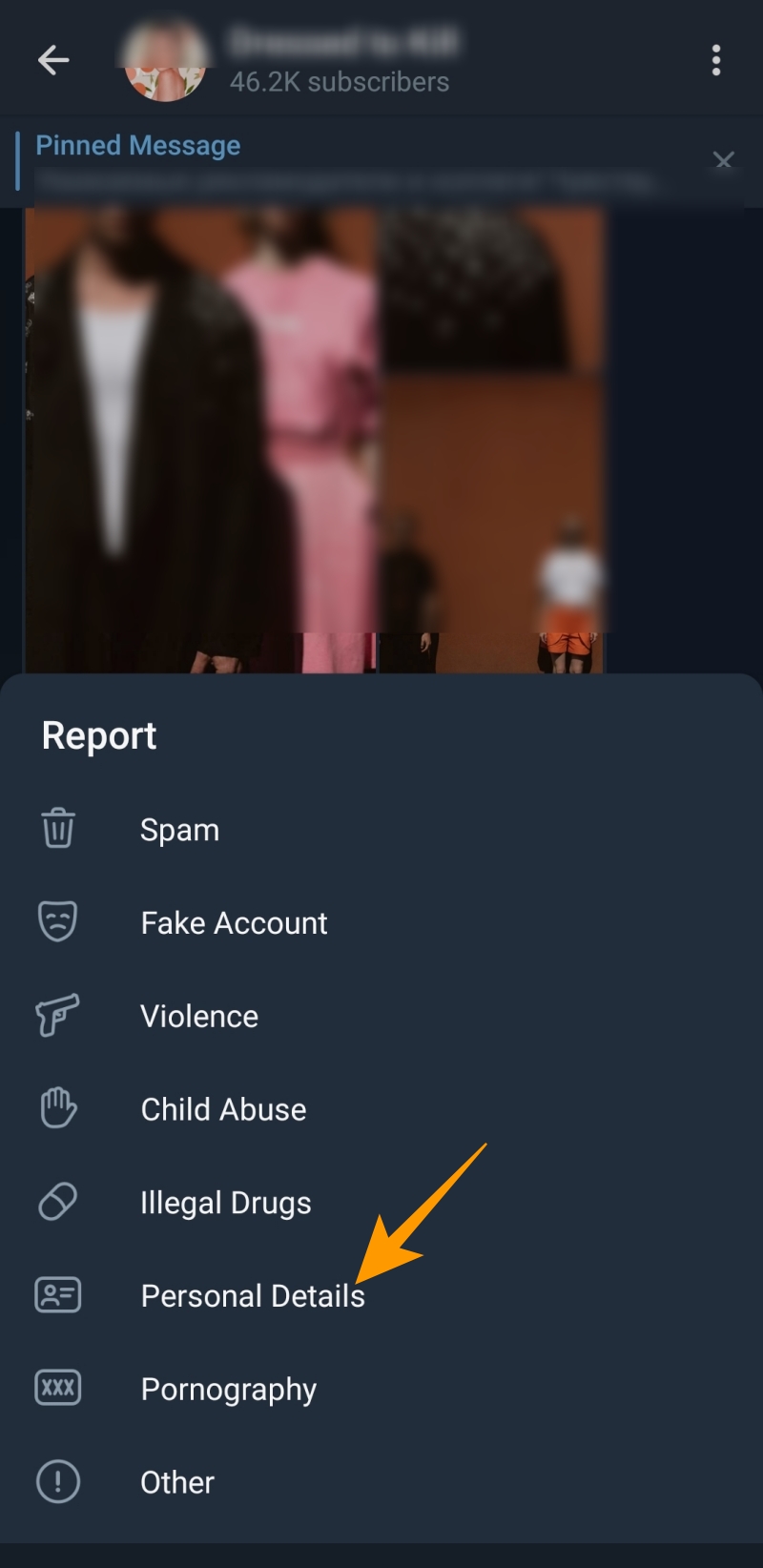 Choose reason of Reporting a Telegram channel