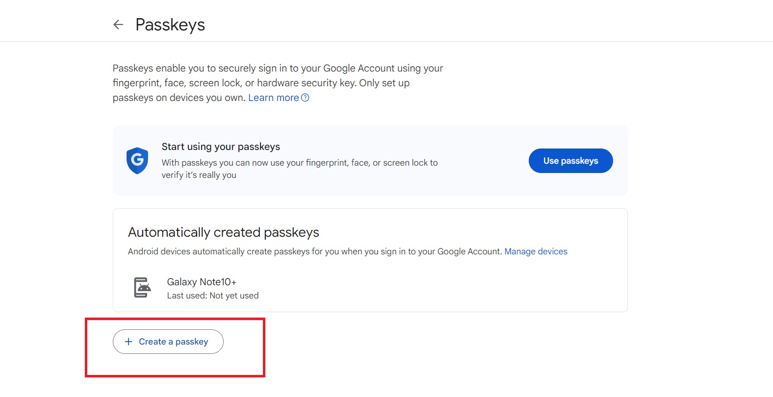 Create a passkey Google