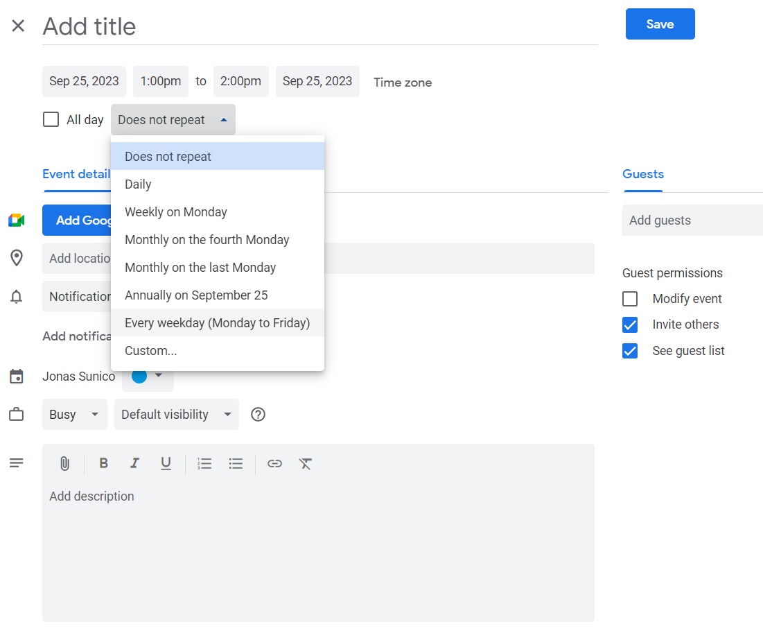 Date Options Google Calendar