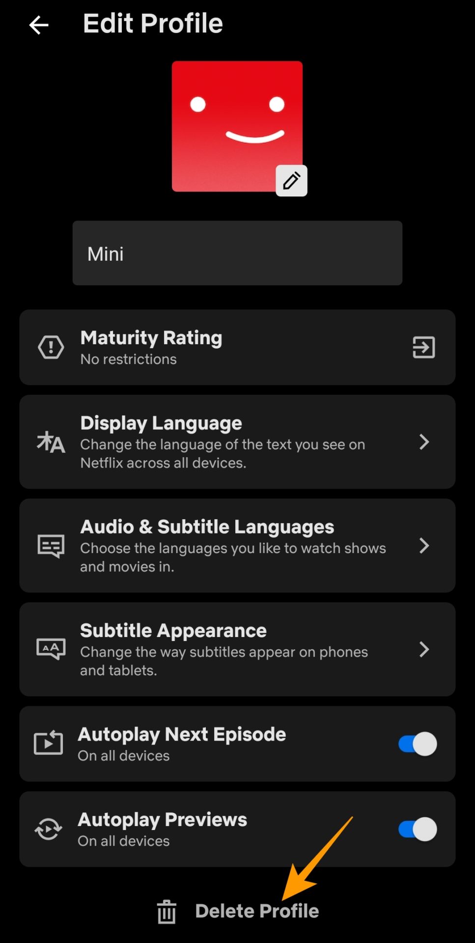 Delete profile option on Netflix Android app