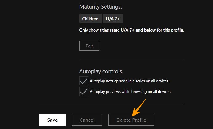 Delete profile option on Netflix's website