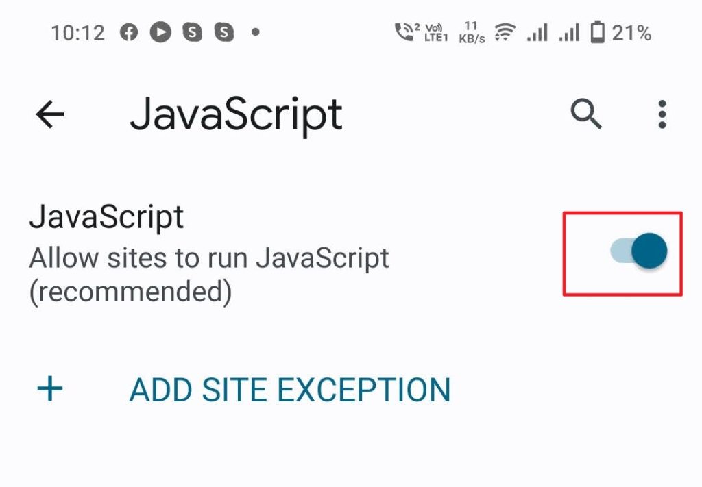 Disable JavaScript Add Site Exception