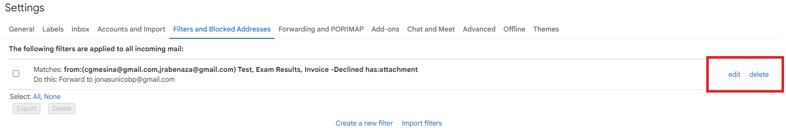 Edit or Delete Filters Gmail