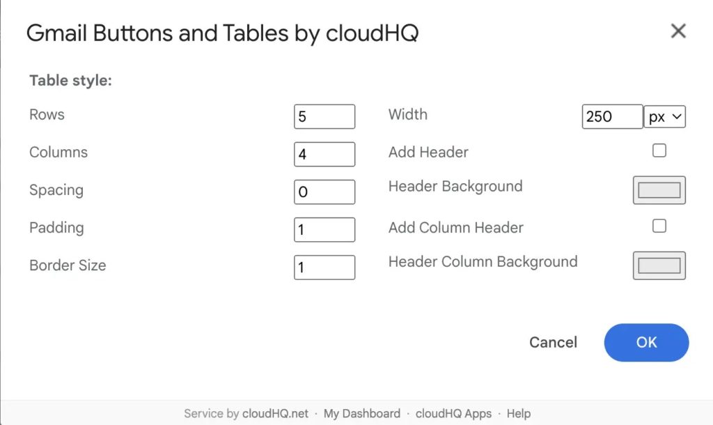 Gmail Compose Table Extension