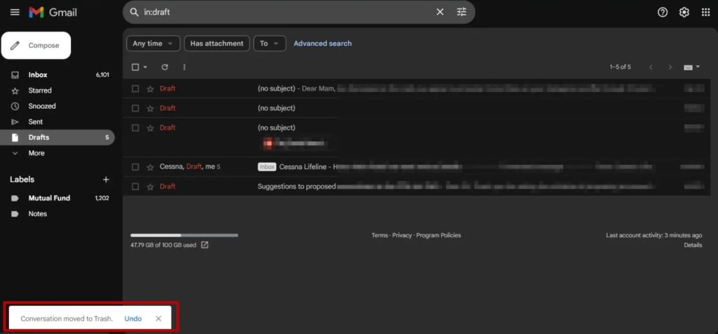 Gmail Draft Delete Undo