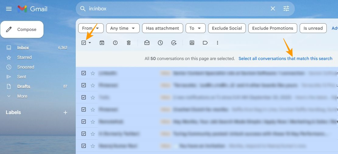 Gmail select all emails in Inbox