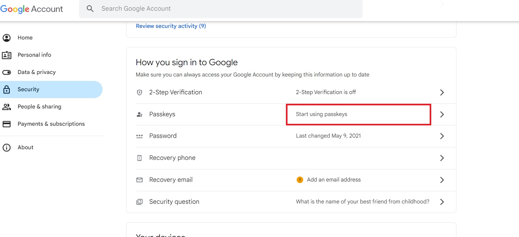 Google Account Start Using Passkeys