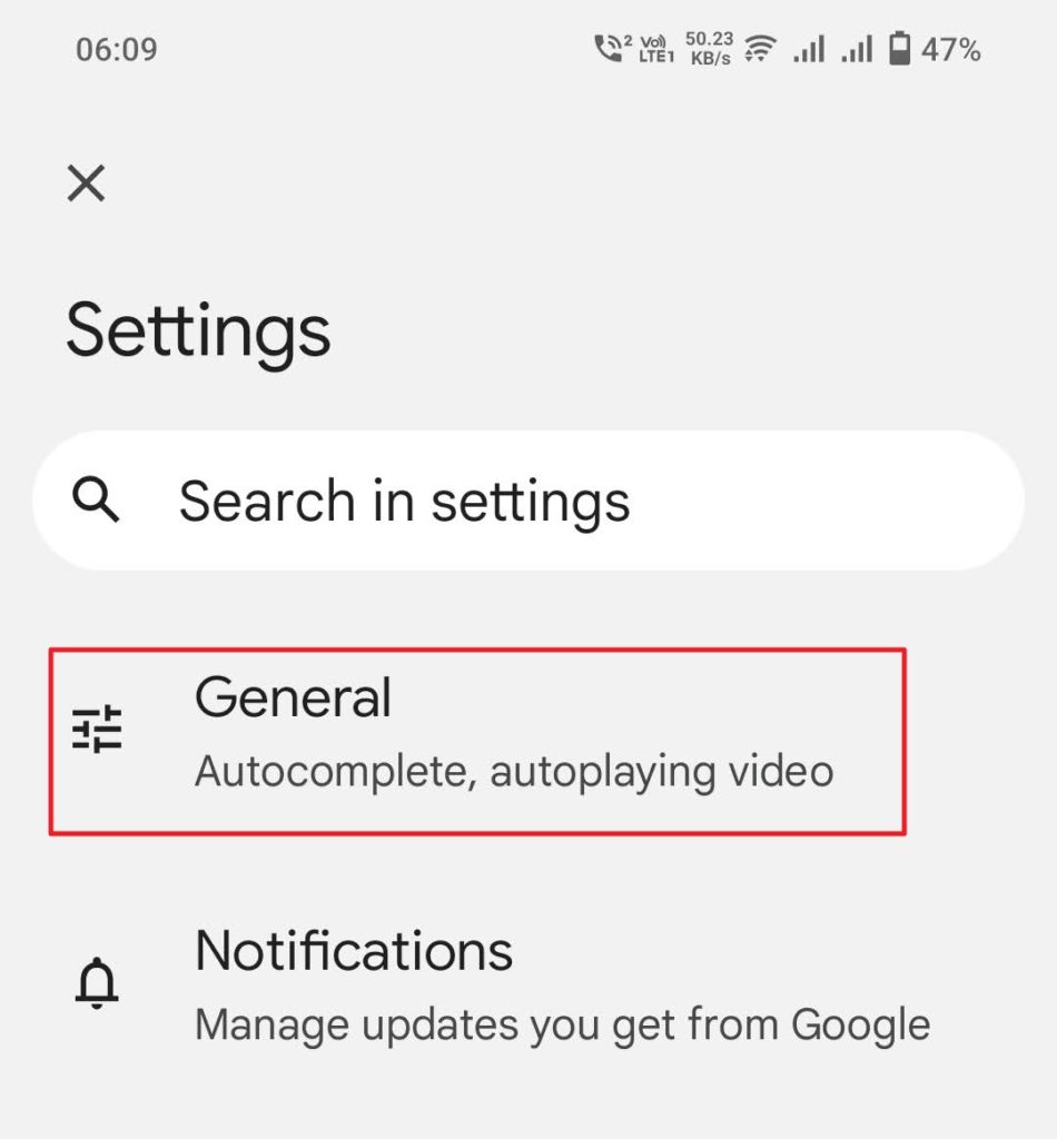 Google App Geneeral Settings