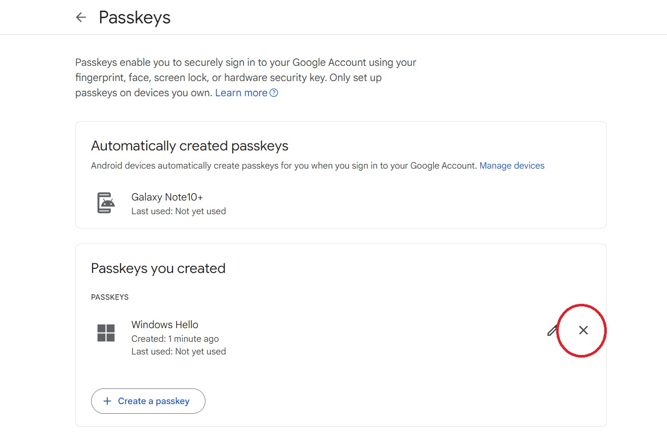 Google Delete Passkey