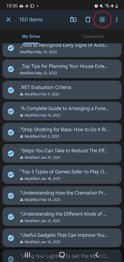 Google Drive Selecting All Files Via Mobile