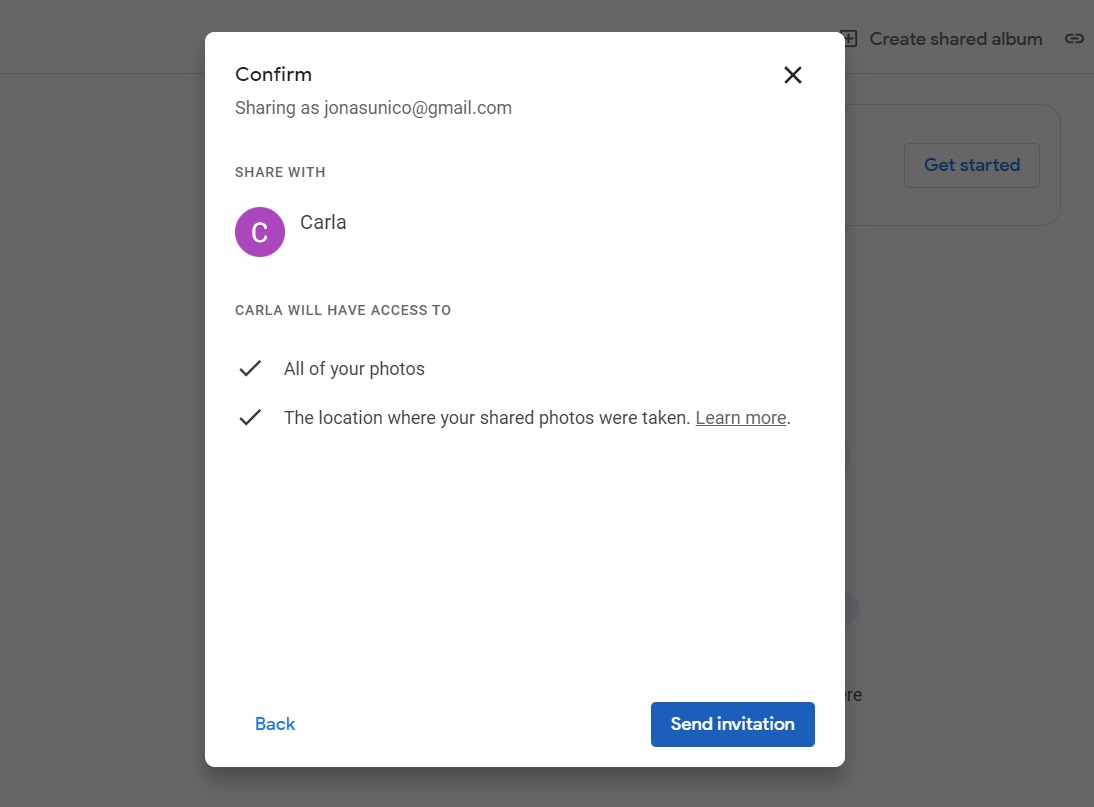 Google Photos Send Invitation Web