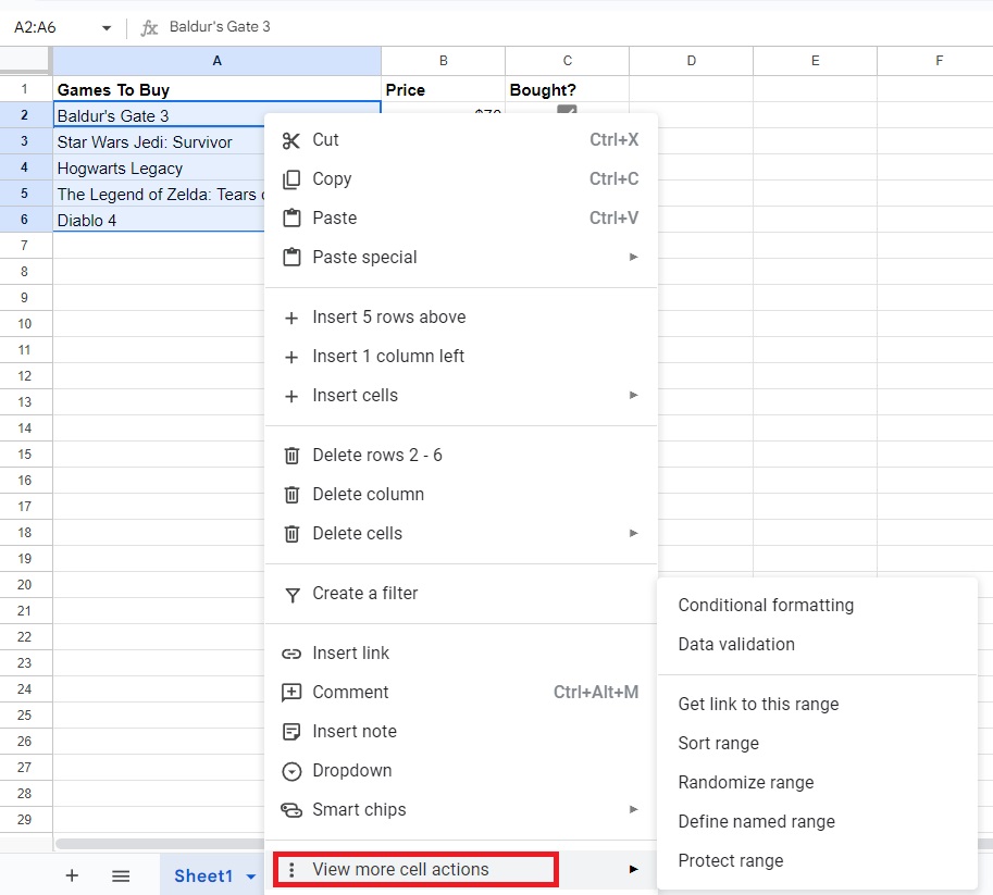 Google Sheets Cell Actions