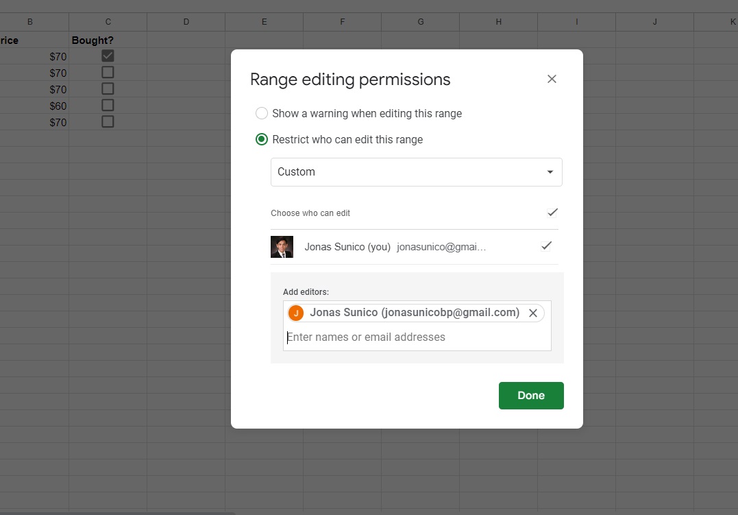 Google Sheets Range Sharing