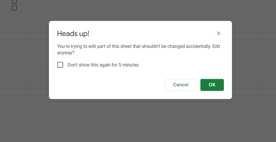 Google Sheets Warning