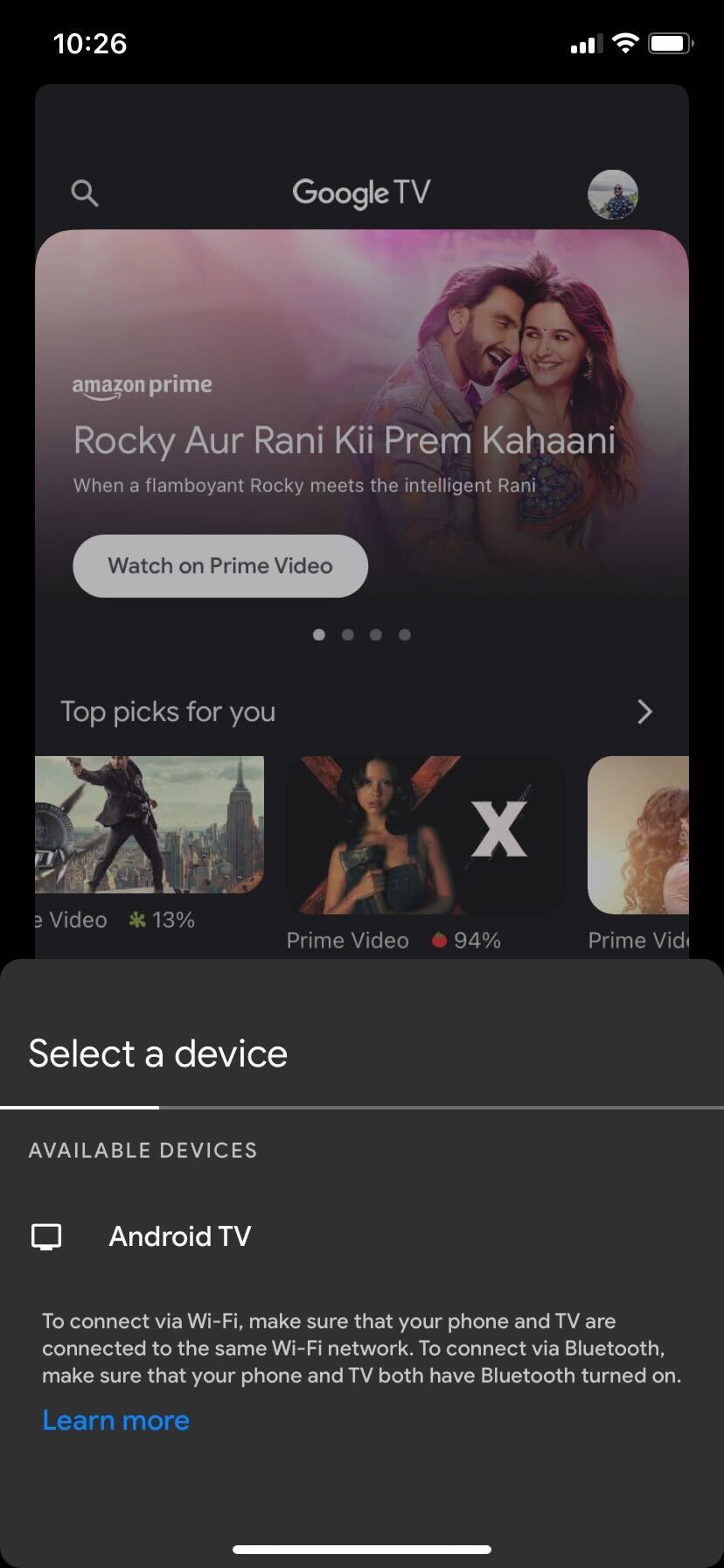 Google TV app Select a device option