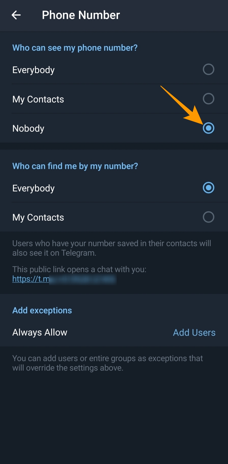 Hide phone number options on Telegram