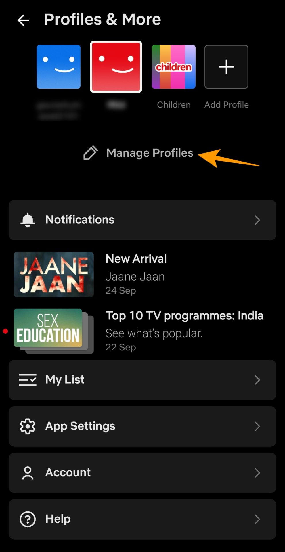 Manage profile option on Netflix Android app