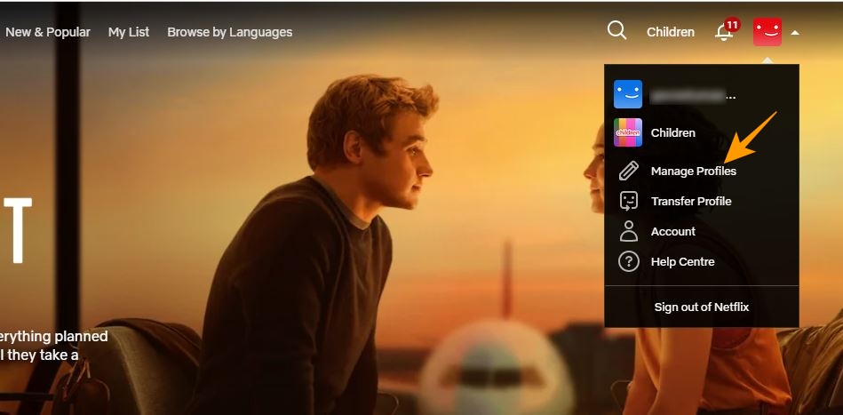 Manage profiles option on Netflix website
