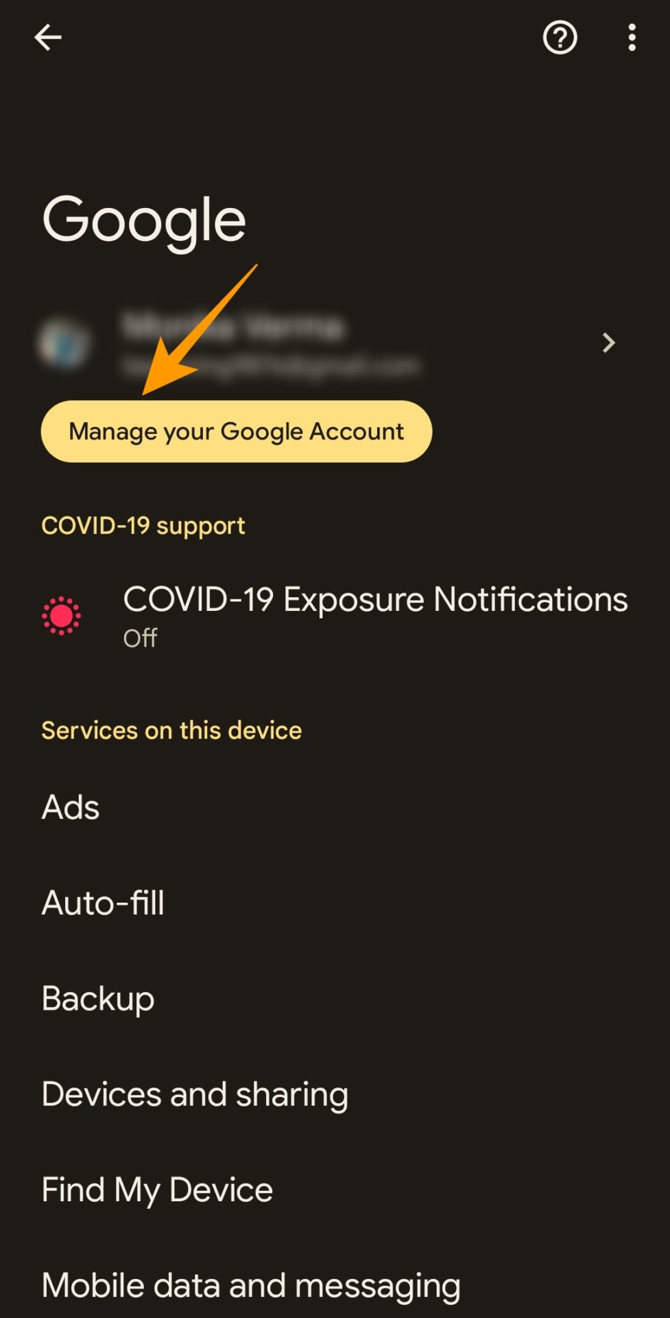 Manage your Google account option in Gmail