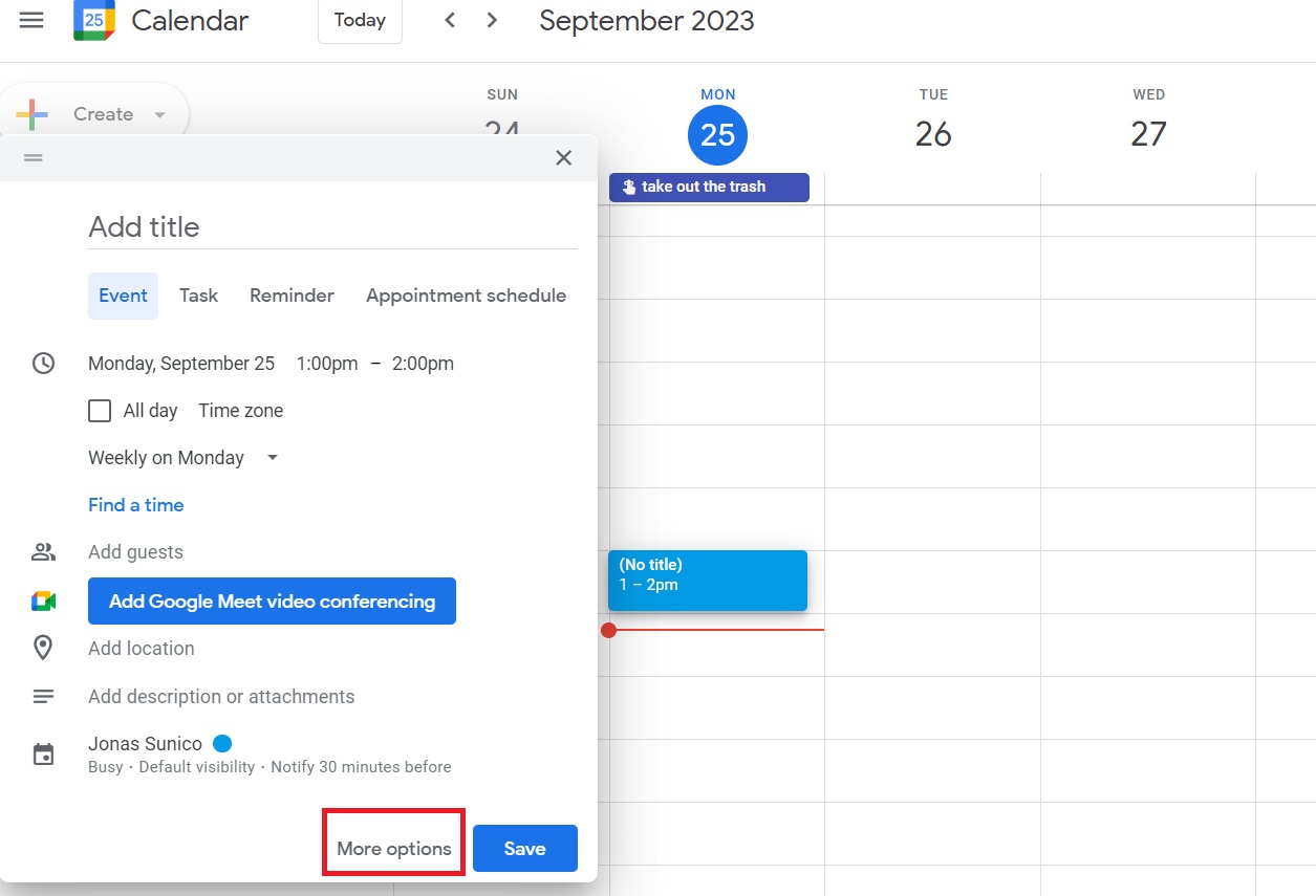 More options Google Calendar