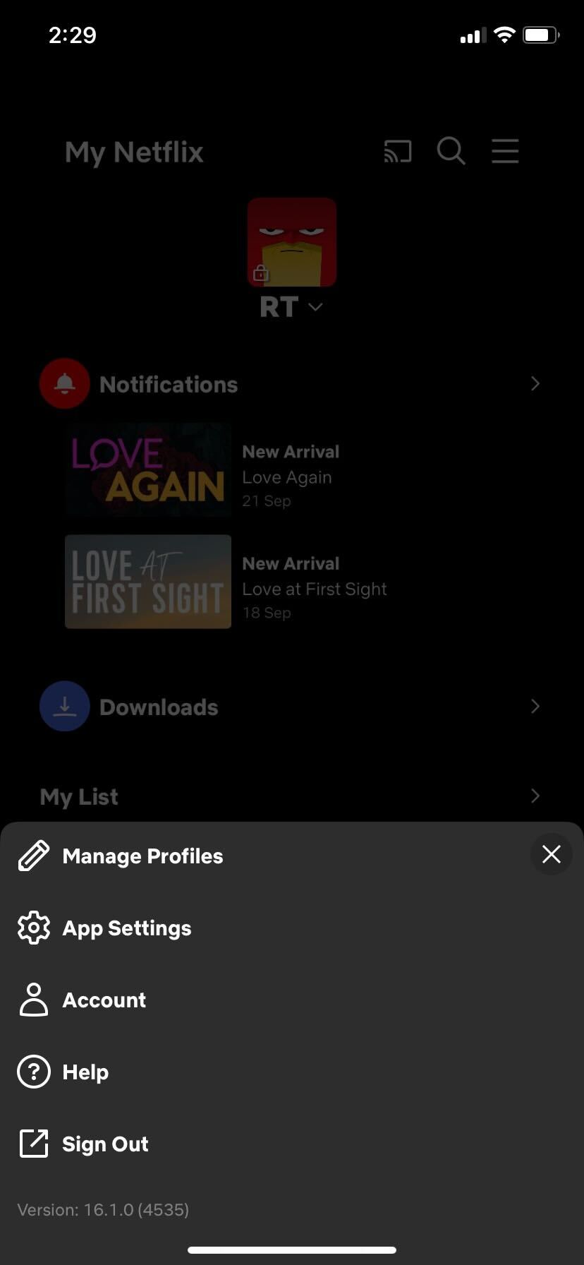 Netflix app Account option