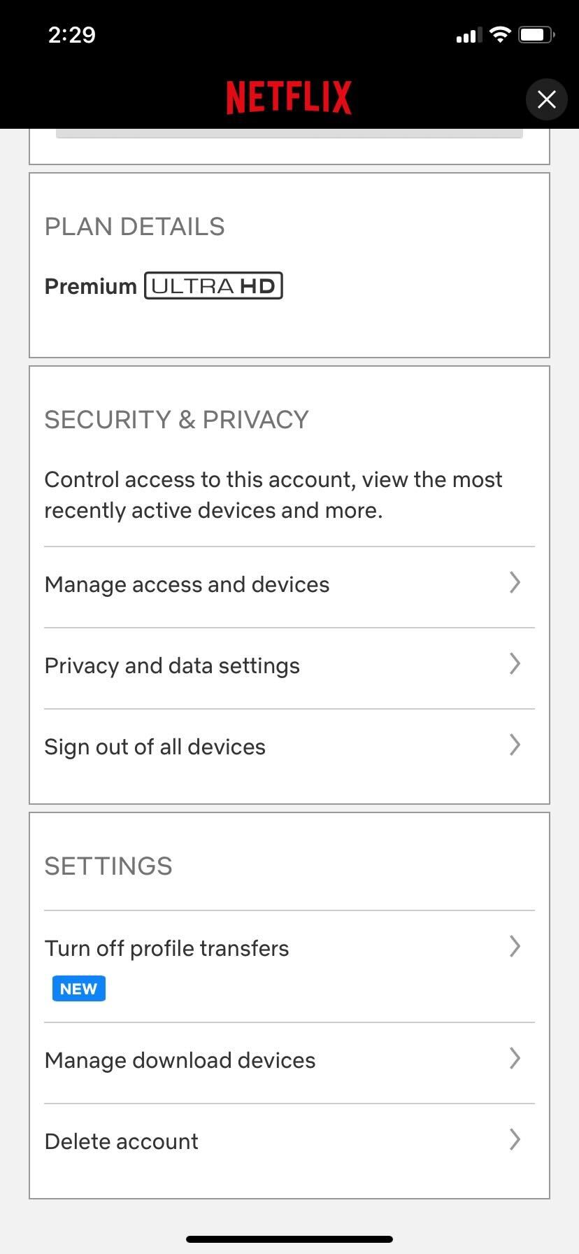Netflix app Manage access and devices option