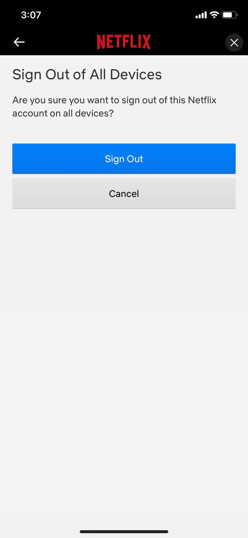 Netflix app Sign out button